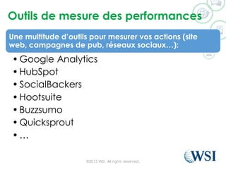 Outils de mesure des performances
Une multitude d’outils pour mesurer vos actions (site
web, campagnes de pub, réseaux sociaux…):
• Google Analytics
• HubSpot
• SocialBackers
• Hootsuite
• Buzzsumo
• Quicksprout
• …
©2015 WSI. All rights reserved.
 