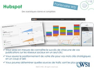 Hubspot
©2015 WSI. All rights reserved.
 Vous serez en mesure de connaître le succès de chacune de vos
publications sur les réseaux sociaux en un seul clic;
 Vous saurez le positionnement de votre site pour vos mots clés stratégiques
en un coup d’œil;
 Vous pourrez déterminer quelles sources de trafic sont les plus profitables.
 