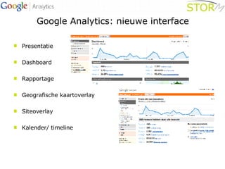 Google Analytics: nieuwe interface Presentatie Dashboard Rapportage Geografische kaartoverlay Siteoverlay Kalender/ timeline 