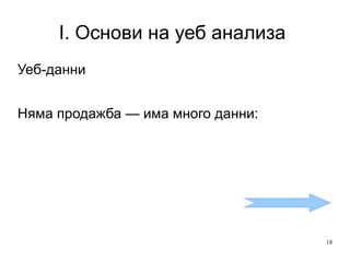 I. Основи на уеб анализа  Уеб-данни Няма продажба — има много данни: 