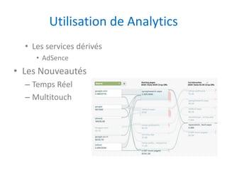 Utilisation de Analytics
  • Les services dérivés
     • AdSence
• Les Nouveautés
  – Temps Réel
  – Multitouch
 