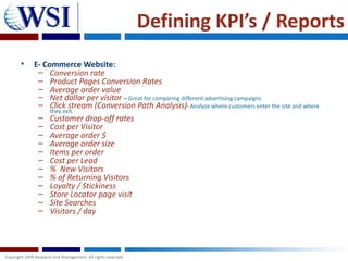 Defining KPI’s / Reports
•   E- Commerce Website:
     – Conversion rate
     – Product Pages Conversion Rates
     – Average order value
     – Net dollar per visitor – Great for comparing different advertising campaigns
     – Click stream (Conversion Path Analysis)- Analyze where customers enter the site and where
         they exit.
     – Customer drop-off rates
     – Cost per Visitor
     – Average order $
     – Average order size
     – Items per order
     – Cost per Lead
     – % New Visitors
     – % of Returning Visitors
     – Loyalty / Stickiness
     – Store Locator page visit
     – Site Searches
     – Visitors / day
 