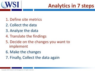 Analytics in 7 steps

1. Define site metrics
2. Collect the data
3. Analyze the data
4. Translate the findings
5. Decide on the changes you want to
  implement
6. Make the changes
7. Finally, Collect the data again
 