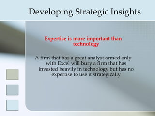 Developing Strategic Insights

     Expertise is more important than
                  technology

 A firm that has a great analyst armed only
      with Excel will bury a firm that has
  invested heavily in technology but has no
        expertise to use it strategically
 