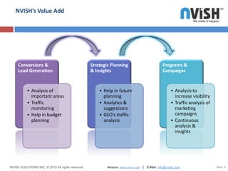 NVISH’s Value Add




     Conversions &                                Strategic Planning                         Programs &
     Lead Generation                              & Insights                                 Campaigns


           • Analysis of                              • Help in future                             • Analysis to
             important areas                            planning                                     increase visibility
           • Traffic                                  • Analytics &                                • Traffic analysis of
             monitoring                                 suggestions                                  marketing
           • Help in budget                           • GEO’s traffic                                campaigns
             planning                                   analysis                                   • Continuous
                                                                                                     analysis &
                                                                                                     insights




NVISH SOLUTIONS INC. © 2012 All rights reserved           Website: www.nvish.com │ E-Mail: info@nvish.com                  Slide 9
 