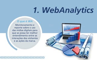 1. WebAnalytics
O que é WA
Monitoramento e
reporte sobre o uso
das mídias digitais para
que se possa ter melhor
entendimento entre as
interações dos visitantes
e as ações da marca.
 