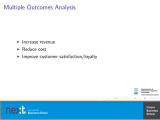 Multiple Outcomes Analysis
Increase revenue
Reduce cost
Improve customer satisfaction/loyalty
 