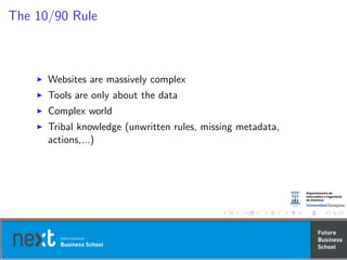 The 10/90 Rule
Websites are massively complex
Tools are only about the data
Complex world
Tribal knowledge (unwritten rules, missing metadata,
actions,...)
 
