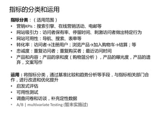 指标的分类和运用
指标分类：（适用范围）
• 营销KPIs：搜索引擎、在线营销活劢、电邮等
• 网站吸引力：访问者保有率、停留时间、刺激访问者做出特定行为
• 网站可用性：导航、搜索、表单等
• 转化率：访问者→注册用户；浏览产品→加入购物车→结算；等
• 忠诚度：重复访问者；重复购买者；最近访问时间
• 产品和内容：产品的亲和度（购物篮分析），产品的曝光度，产品的遗
  弃，文案写作

运用：将指标分类，通过基准比较和趋势分析等手段，与指标相关部门合
作，进行改进和优化提升
• 启发式评估
• 可用性测试
• 调查问卷和访谈，补充定性数据
• A/B | multivariate Testing (暂未实施过)
 