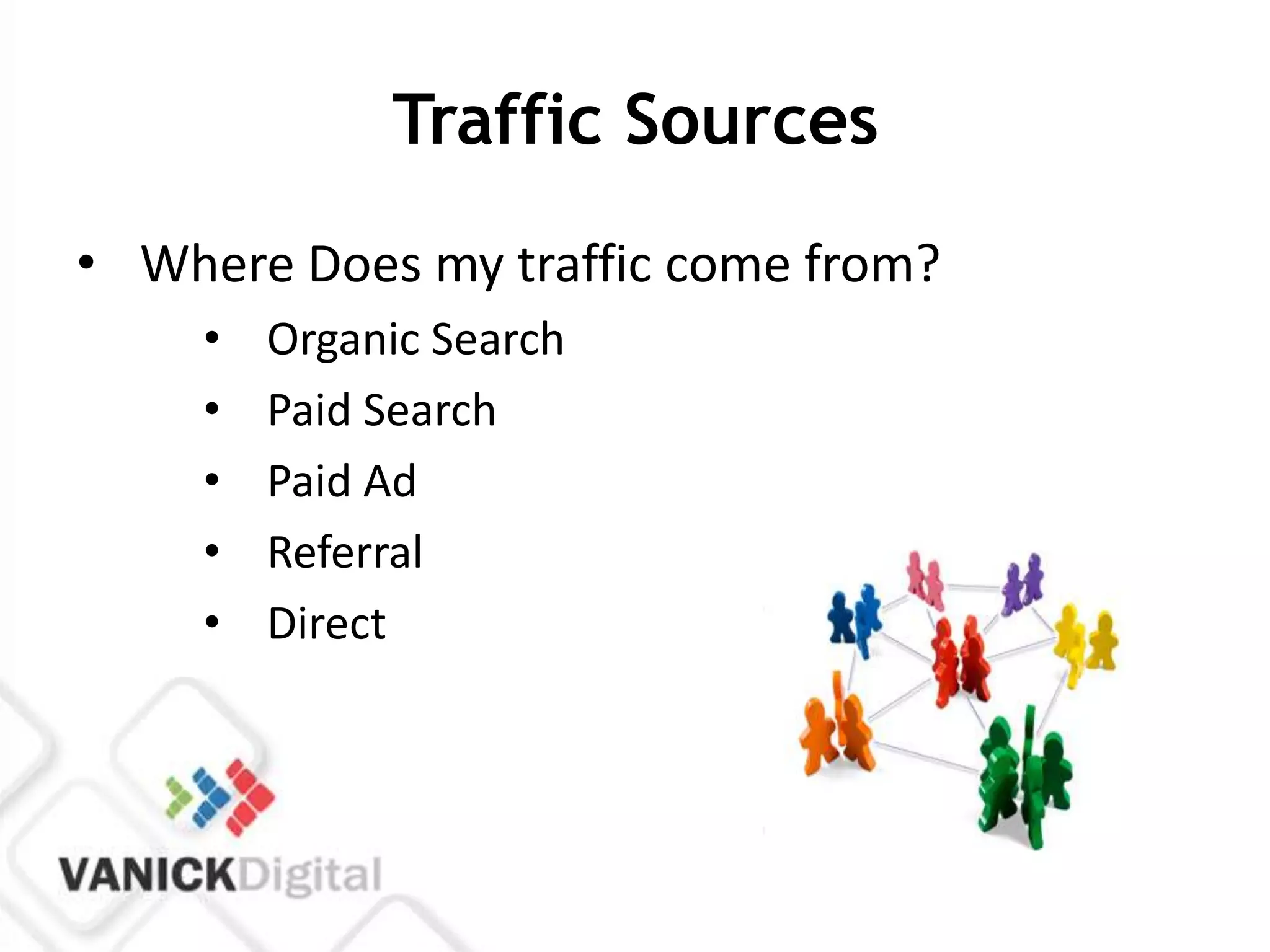 Traffic Sources
• Where Does my traffic come from?
    •   Organic Search
    •   Paid Search
    •   Paid Ad
    •   Referral
    •   Direct
 
