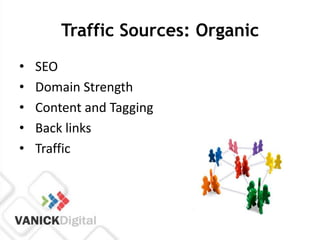 Traffic Sources: Organic
•   SEO
•   Domain Strength
•   Content and Tagging
•   Back links
•   Traffic
 