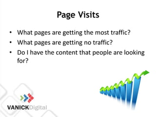 Page Visits
• What pages are getting the most traffic?
• What pages are getting no traffic?
• Do I have the content that people are looking
  for?
 