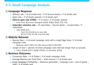 17
4-5. Email Campaign Analysis
1) Campaign Response
 Delivery rate = (# of emails sent – # of bounce backs) / # of emails sent
 Open rate = # of emails opened / # of emails sent
 Click-to-open rate (CTOR) = # of clicks / # of emails opened
 Email list의 질과 email message의 효과와 적절성 측정의 주요 지표
 Subscriber retention rate = (# subscribers – bounce backs – unsubscribes) / #
subscribers
 가장 전략적 분석
• 기술적 효과 측정  Bounce backs 줄임
• 메시지의 적절성 측정  unsubscribes 줄임
2) Website Behavior
 Bounce Rate = # of email campaign visits with a single Page View / # of email
campaign visits
 Response rate가 100% 라고 해도 Bounce Rate가 99%이면?
 Length of Visit = percent of email campaign visits that last longer than xx seconds
 서비스 특성에 따라서 성공을 의미하는 xx seconds는 달라짐
3) Business Outcomes
 Conversion Rate = # of Orders / # of email campaign Visits
 Average Revenue per Email Sent = total revenue / # of emails sent
 Email Campaign Profitability = (Revenue generated – campaign cost – cost of goods
sold) / # of emails sent
 