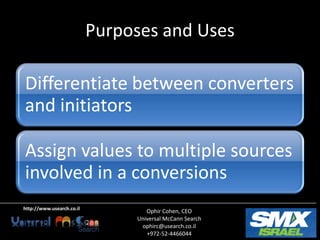 Purposes and Uses

Differentiate between converters
and initiators

Assign values to multiple sources
involved in a conversions
http://www.usearch.co.il
                                   Ophir Cohen, CEO
                                Universal McCann Search
                                 ophirc@usearch.co.il
                                   +972-52-4466044
 