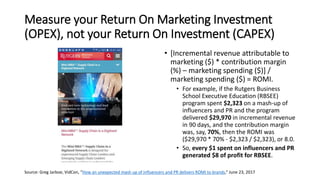 Measure your Return On Marketing Investment
(OPEX), not your Return On Investment (CAPEX)
• [Incremental revenue attributable to
marketing ($) * contribution margin
(%) – marketing spending ($)] /
marketing spending ($) = ROMI.
• For example, if the Rutgers Business
School Executive Education (RBSEE)
program spent $2,323 on a mash-up of
influencers and PR and the program
delivered $29,970 in incremental revenue
in 90 days, and the contribution margin
was, say, 70%, then the ROMI was
($29,970 * 70% - $2,323 / $2,323), or 8.0.
• So, every $1 spent on influencers and PR
generated $8 of profit for RBSEE.
Source: Greg Jarboe, VidCon, “How an unexpected mash up of influencers and PR delivers ROMI to brands,” June 23, 2017
 