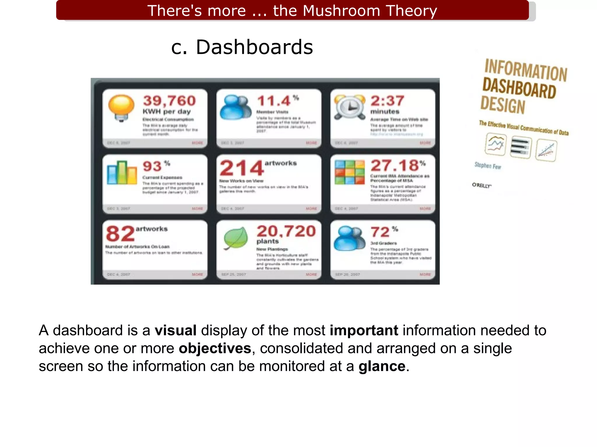 c. Dashboards A dashboard is a  visual  display of the most  important  information needed to achieve one or more  objectives , consolidated and arranged on a single screen so the information can be monitored at a  glance . 