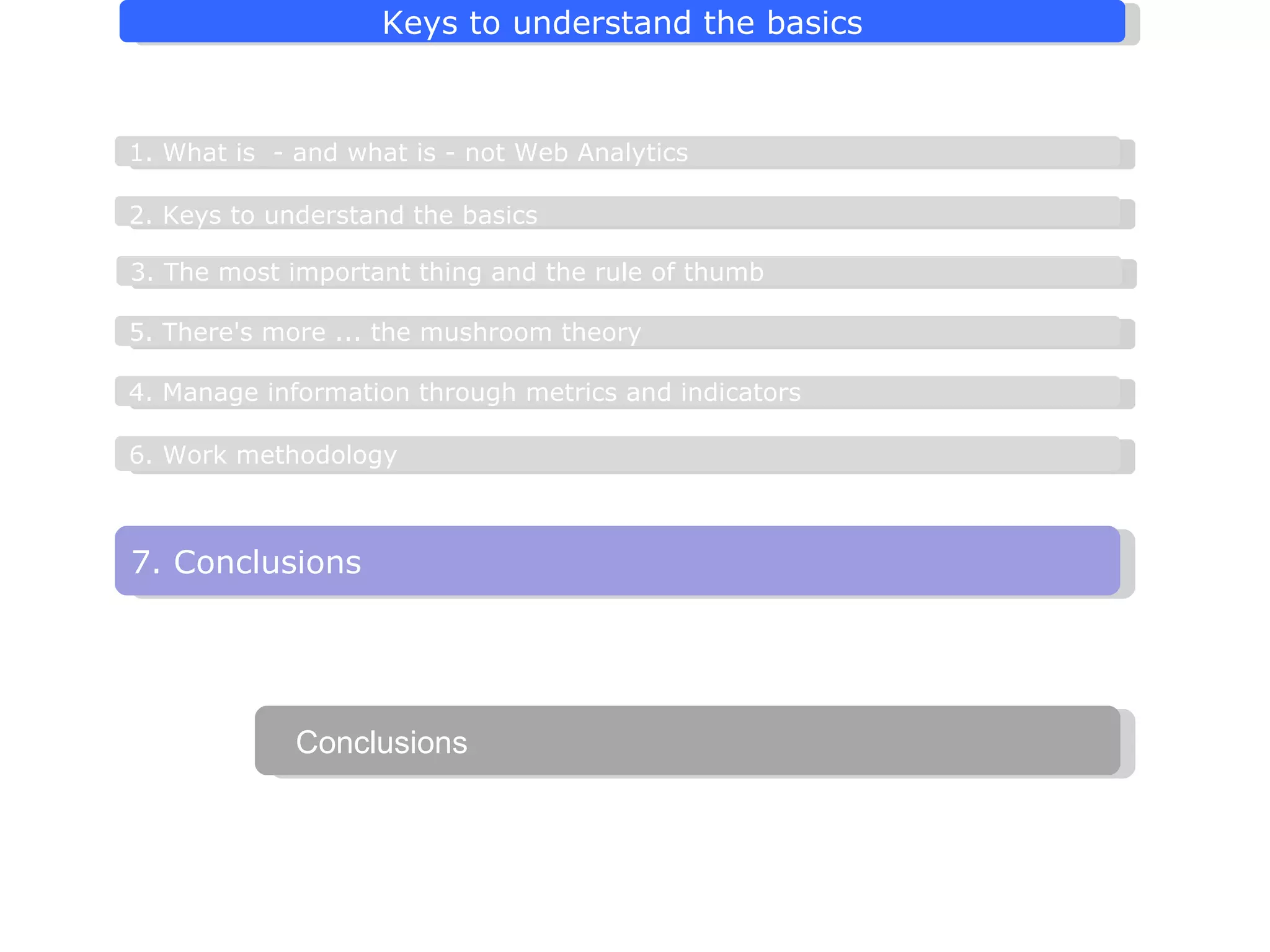 3. The most important thing and the rule of thumb 2. Keys to understand the basics   1. What is  - and what is - not Web Analytics Conclusions 5. There's more ...  the mushroom theory 4. Manage information through metrics and indicators 6. Work methodology 7. Conclusions 