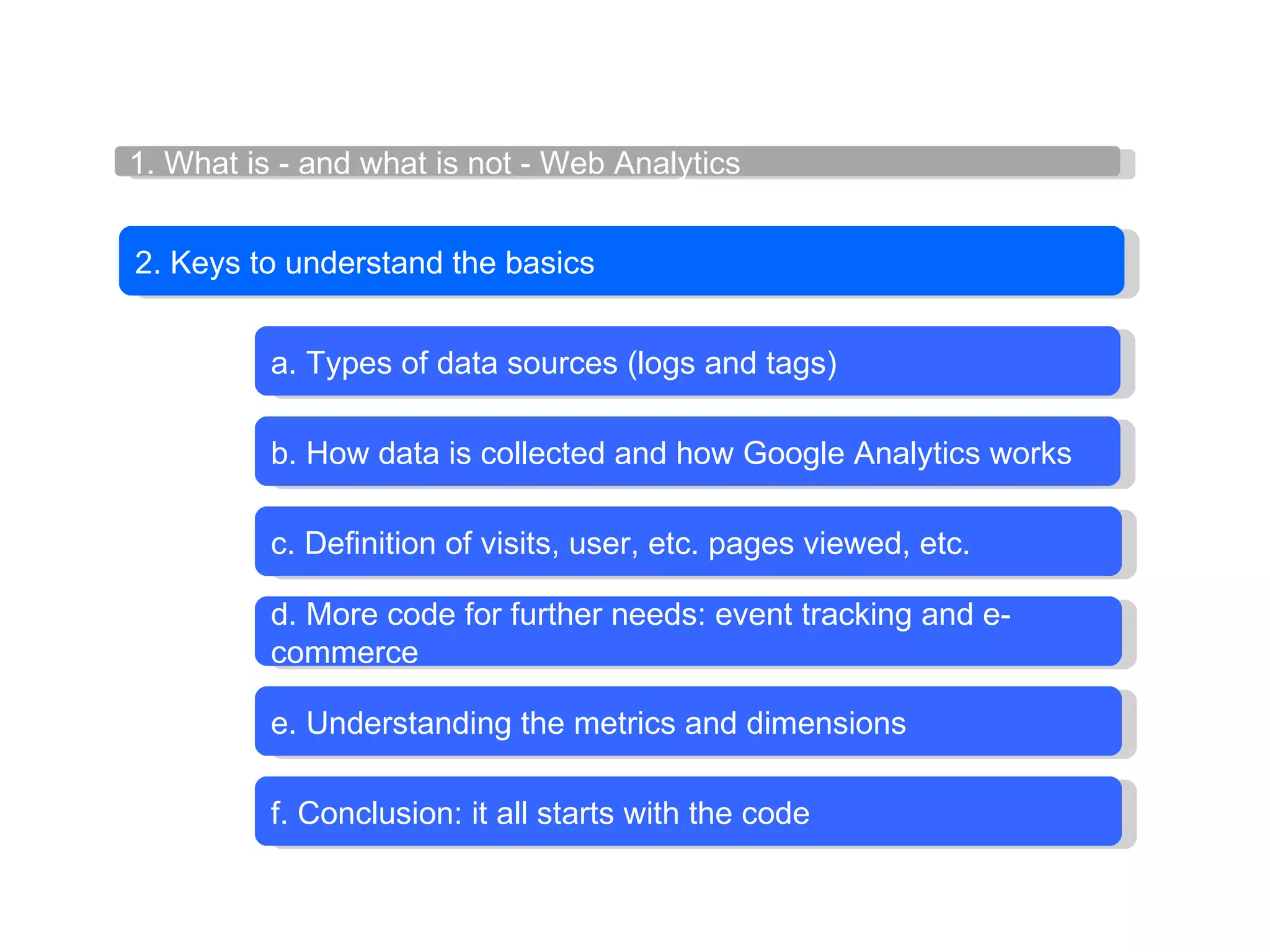 c. Definition of visits, user, etc. pages viewed, etc. d. More code for further needs: event tracking and e-commerce e. Understanding the metrics and dimensions f. Conclusion: it all starts with the code   2. Keys to understand the basics 1. What is - and what is not - Web Analytics b. How data is collected and how Google Analytics works a. Types of data sources (logs and tags) 