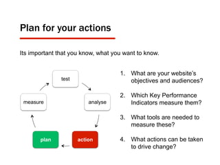 Plan for your actions
1.  What are your website’s
objectives and audiences?
2.  Which Key Performance
Indicators measure them?
3.  What tools are needed to
measure these?
4.  What actions can be taken
to drive change?
test
analyse
actionplan
measure
Its important that you know, what you want to know.
 