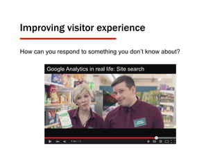 Improving visitor experience
How can you respond to something you don’t know about?
Google Analytics in real life: Site search
 