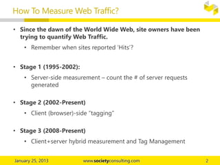 • Since the dawn of the World Wide Web, site owners have been
trying to quantify Web Traffic.
• Remember when sites reported ‘Hits’?
• Stage 1 (1995-2002):
• Server-side measurement – count the # of server requests
generated
• Stage 2 (2002-Present)
• Client (browser)-side “tagging”
• Stage 3 (2008-Present)
• Client+server hybrid measurement and Tag Management
How To Measure Web Traffic?
 