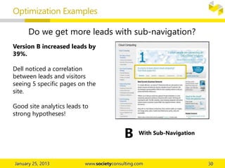 Do we get more leads with sub-navigation?
B With Sub-Navigation
Version B increased leads by
39%.
Dell noticed a correlation
between leads and visitors
seeing 5 specific pages on the
site.
Good site analytics leads to
strong hypotheses!
Optimization Examples
 