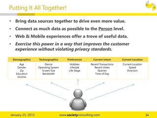 • Bring data sources together to drive even more value.
• Connect as much data as possible to the Person level.
• Web & Mobile experiences offer a trove of useful data.
• Exercise this power in a way that improves the customer
experience without violating privacy standards.
Putting It All Together!
Demographics Technographics Preferences Current Intent Current Location
Age
Gender
Zip
Education
Income
Device
Operating System
Screen Size
Bandwidth
Hobbies
Lifestyle
Life Stage
Recent Transactions
Recent Views
Queries
Time of Day
Current Location
Speed
Direction
 