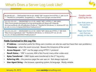 What’s Does a Server Log Look Like?
Google crawler
indexing the site
User that came so
the site from
Google
Page view from a
user that was
already on the site
Fields Contained in this Log File:
• IP Address – somewhat useful for IDing users (cookies can also be used but have their own problems.)
• Timestamp – when the event occurred. Beware the timezone of the server!
• Access Request – “GET” me the page using HTTP/1.1 protocol
• Result Status – “200” is success; 404 is Not Found; many other codes exist
• Bytes Transferred – 10801 bytes were transferred in the 2nd log entry
• Referring URL – the previous page the user was on. Not always captured.
• User Agent String – the browser, operating system, & language. Mostly reliable.
 