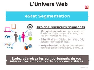 18/03/2022 12
L’Univers Web
eStat Segmentation
Isolez et croisez les comportements de vos
internautes en fonction de nombreux critères
Croisez plusieurs segments
• Comportementaux: provenances,
durée de visite, pages d’entrée, clics,
actions marketing, ect…
• Identitaires: Géoloc, terminal, OS,
horaire, navigateur, ect…
•Propriétaires: intégrez vos propres
données (client enregistré, profil,…)
 
