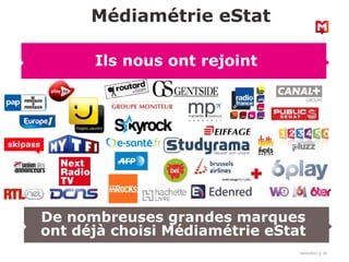 18/03/2022 29
Médiamétrie eStat
Ils nous ont rejoint
De nombreuses grandes marques
ont déjà choisi Médiamétrie eStat
 