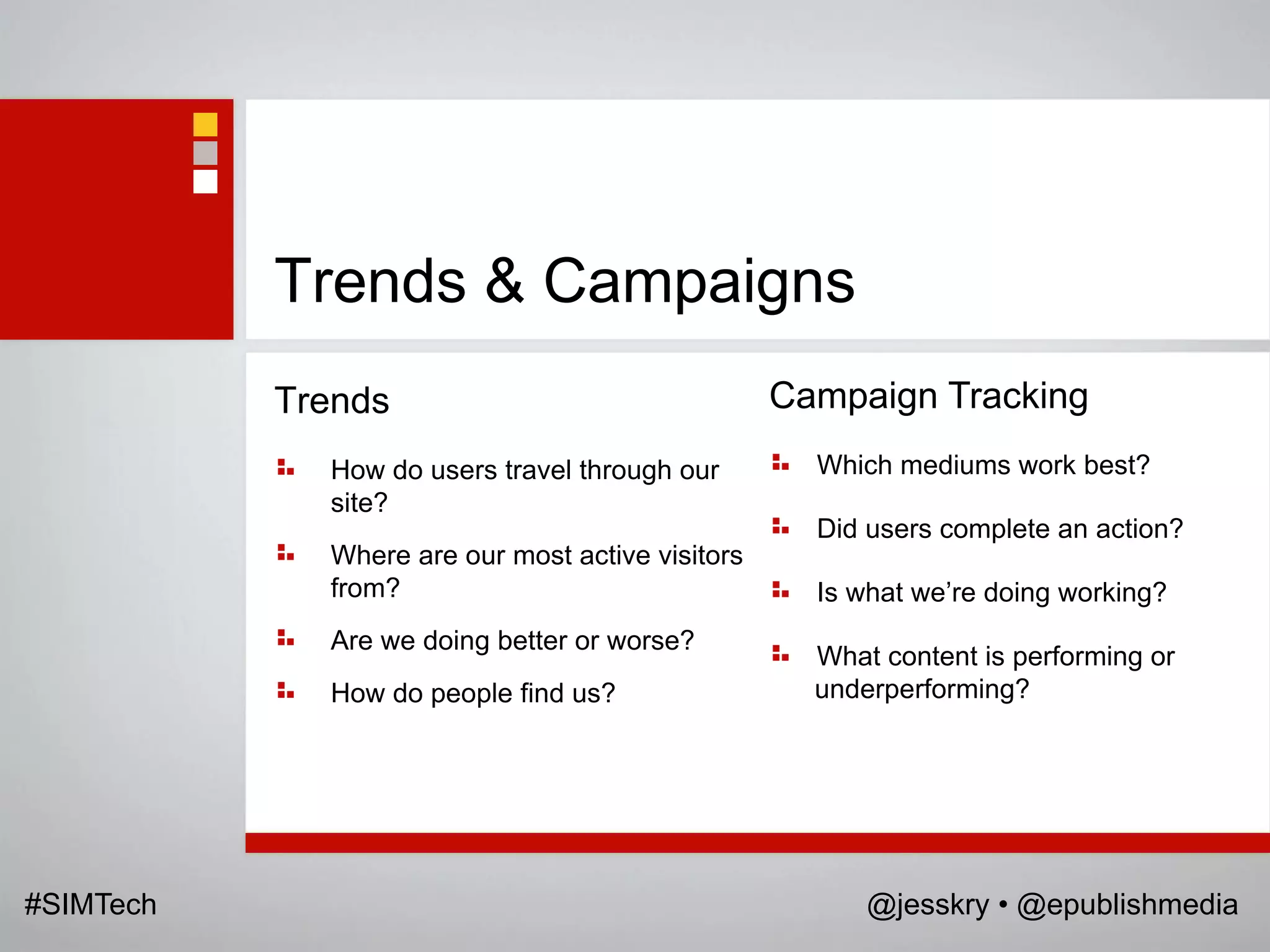 Trends & Campaigns
           Trends                                 Campaign Tracking
             How do users travel through our        Which mediums work best?
             site?
                                                    Did users complete an action?
             Where are our most active visitors
             from?                                  Is what we‟re doing working?
             Are we doing better or worse?
                                                    What content is performing or
             How do people find us?                 underperforming?




#SIMTech                                                @jesskry • @epublishmedia
 