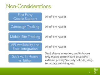 Non-ConsiderationsFirst PartyCookie SupportAll of ‘em have itCampaign TrackingAll of ‘em have itMobile Site TrackingAll of ‘em have itAPI Availability and Excel IntegrationAll of ‘em have itSaaS always an option, and in-house only makes sense in rare situations -- extreme privacy/security policies, long-term data archiving, etc.SaaS vs. In-House vs. Either