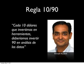 Regla 10/90

                        “Cada 10 dólares
                        que invertimos en
                        herramientas,
                        deberíamos invertir
                        90 en análisis de
                        los datos”
                                              Avinash Kaushik



Tuesday, May 17, 2011
 