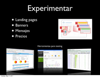 Experimentar
                  • Landing pages
                  • Banners
                  • Mensajes
                  • Precios
                                    Herramientas para testing




Tuesday, May 17, 2011
 