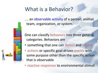 What is a Behavior? …   an  observable activity  of a person, animal, team, organization, or system. One can classify  behaviors  into three general categories. Behaviors are  something that one can  detect  and  record actions  or specific goal-driven  events  with some purpose other than the specific action that is observable reactive   responses  to environmental stimuli  