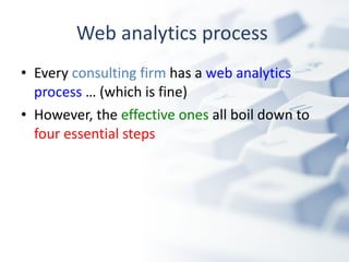Web analytics process  Every  consulting firm  has a  web analytics process  … (which is fine) However, the  effective ones  all boil down to  four essential steps 