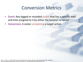 Conversion Metrics Event : Any logged or recorded  action  that has a specific date and time assigned to it by either the browser or server Conversion : A visitor  completing  a target action Burby, J., Brown, A., and WAA Standard Committee (2007) Web Analytics Definitions. Web Analytics Association. Available at: http://www.webanalyticsassociation.org/resource/resmgr/PDF_standards/WebAnalyticsDefinitionsVol1.pdf 