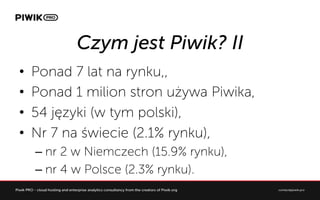 Czym jest Piwik? II
?? Ponad 7 lat na rynku,,
?? Ponad 1 milion stron u?ywa Piwika,
?? 54 j?zyki (w tym polski),
?? Nr 7 na ?wiecie (2.1% rynku),
C?nr 2 w Niemczech (15.9% rynku),
C?nr 4 w Polsce (2.3% rynku).
 