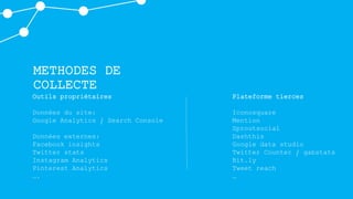 METHODES DE
COLLECTE
Outils propriétaires
Données du site:
Google Analytics / Search Console
Données externes:
Facebook insights
Twitter stats
Instagram Analytics
Pinterest Analytics
….
Plateforme tierces
Iconosquare
Mention
Sproutsocial
Dashthis
Google data studio
Twitter Counter / gabstats
Bit.ly
Tweet reach
…
 