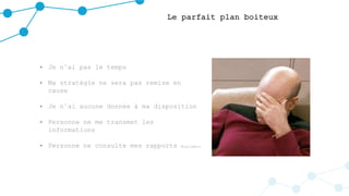 Le parfait plan boiteux
• Je n’ai pas le temps
• Ma stratégie ne sera pas remise en
cause
• Je n’ai aucune donnée à ma disposition
• Personne ne me transmet les
informations
• Personne ne consulte mes rapports #caliméro
 