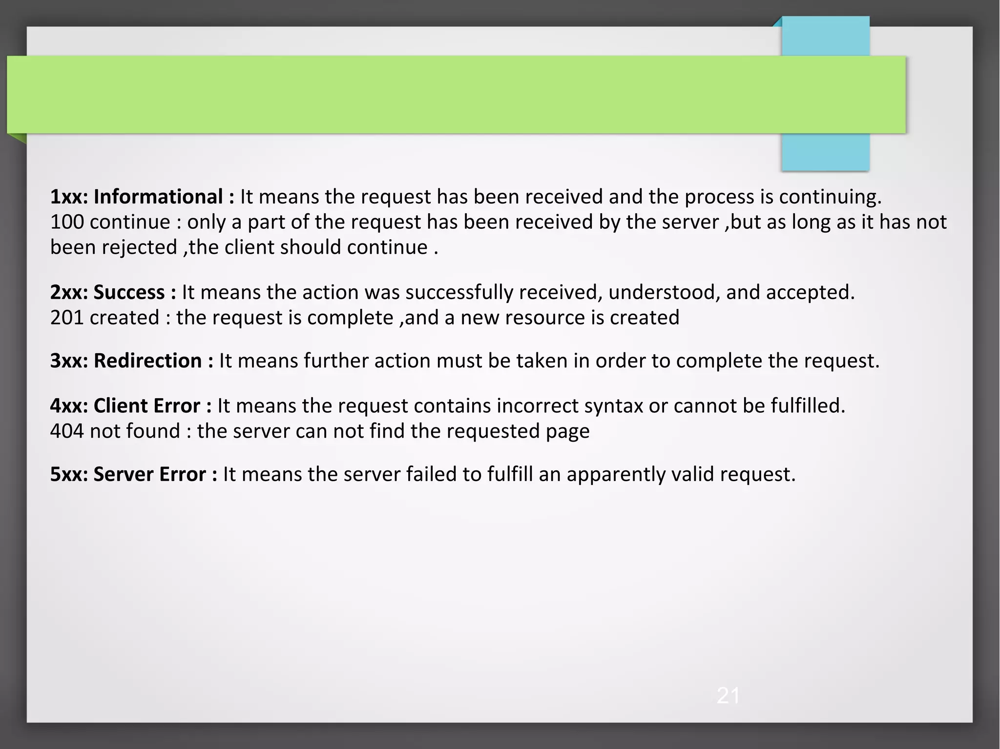 21 1xx: Informational : It means the request has been received and the process is continuing. 100 continue : only a part of the request has been received by the server ,but as long as it has not been rejected ,the client should continue . 2xx: Success : It means the action was successfully received, understood, and accepted. 201 created : the request is complete ,and a new resource is created 3xx: Redirection : It means further action must be taken in order to complete the request. 4xx: Client Error : It means the request contains incorrect syntax or cannot be fulfilled. 404 not found : the server can not find the requested page 5xx: Server Error : It means the server failed to fulfill an apparently valid request. 