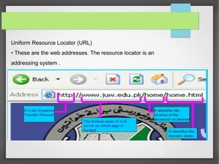 12
Uniform Resource Locator (URL)
• These are the web addresses. The resource locator is an
addressing system .
 