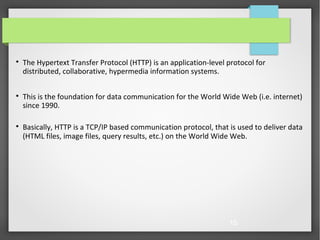 15

The Hypertext Transfer Protocol (HTTP) is an application-level protocol for
distributed, collaborative, hypermedia information systems.

This is the foundation for data communication for the World Wide Web (i.e. internet)
since 1990.

Basically, HTTP is a TCP/IP based communication protocol, that is used to deliver data
(HTML files, image files, query results, etc.) on the World Wide Web.
 