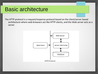 17
Basic architecture
The HTTP protocol is a request/response protocol based on the client/server based
architecture where web browsers act like HTTP clients, and the Web server acts as a
server
 