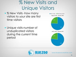 % New Visits and
Unique Visitors
 % New Visits -how many
visitors to your site are first
time visitors
 Unique visits-number of
unduplicated visitors
during the current time
period
16
 