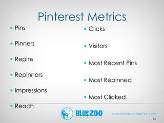 Pinterest Metrics
 Pins
 Pinners
 Repins
 Repinners
 Impressions
 Reach
45
 Clicks
 Visitors
 Most Recent Pins
 Most Repinned
 Most Clicked
 