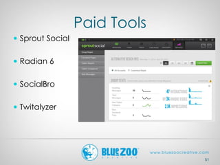 Paid Tools
 Sprout Social
 Radian 6
 SocialBro
 Twitalyzer
51
 