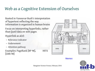 Bangalore Science Forum, February 2016
Web as a Cognitive Extension of Ourselves
Rooted in Vannevar Bush's interpretation
...