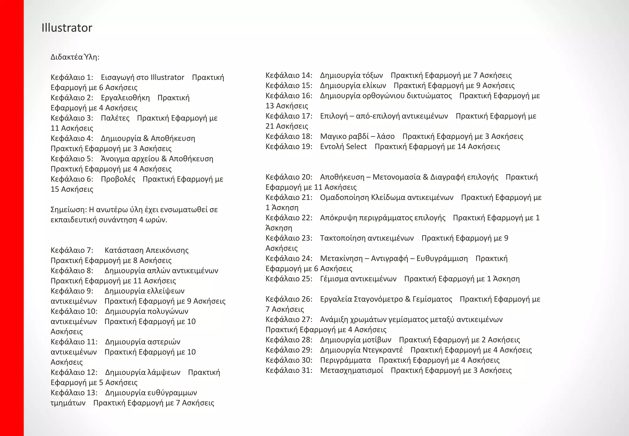 Illustrator
Διδακτέα Ύλη:
Κεφάλαιο 1: Εισαγωγή στο Illustrator Πρακτική
Εφαρμογή με 6 Ασκήσεις
Κεφάλαιο 2: Εργαλειοθήκη Πρακτική
Εφαρμογή με 4 Ασκήσεις
Κεφάλαιο 3: Παλέτες Πρακτική Εφαρμογή με
11 Ασκήσεις
Κεφάλαιο 4: Δημιουργία & Αποθήκευση
Πρακτική Εφαρμογή με 3 Ασκήσεις
Κεφάλαιο 5: Άνοιγμα αρχείου & Αποθήκευση
Πρακτική Εφαρμογή με 4 Ασκήσεις
Κεφάλαιο 6: Προβολές Πρακτική Εφαρμογή με
15 Ασκήσεις
Σημείωση: Η ανωτέρω ύλη έχει ενσωματωθεί σε
εκπαιδευτική συνάντηση 4 ωρών.
Κεφάλαιο 7: Κατάσταση Απεικόνισης
Πρακτική Εφαρμογή με 8 Ασκήσεις
Κεφάλαιο 8: Δημιουργία απλών αντικειμένων
Πρακτική Εφαρμογή με 11 Ασκήσεις
Κεφάλαιο 9: Δημιουργία ελλείψεων
αντικειμένων Πρακτική Εφαρμογή με 9 Ασκήσεις
Κεφάλαιο 10: Δημιουργία πολυγώνων
αντικειμένων Πρακτική Εφαρμογή με 10
Ασκήσεις
Κεφάλαιο 11: Δημιουργία αστεριών
αντικειμένων Πρακτική Εφαρμογή με 10
Ασκήσεις
Κεφάλαιο 12: Δημιουργία λάμψεων Πρακτική
Εφαρμογή με 5 Ασκήσεις
Κεφάλαιο 13: Δημιουργία ευθύγραμμων
τμημάτων Πρακτική Εφαρμογή με 7 Ασκήσεις
Κεφάλαιο 14: Δημιουργία τόξων Πρακτική Εφαρμογή με 7 Ασκήσεις
Κεφάλαιο 15: Δημιουργία ελίκων Πρακτική Εφαρμογή με 9 Ασκήσεις
Κεφάλαιο 16: Δημιουργία ορθογώνιου δικτυώματος Πρακτική Εφαρμογή με
13 Ασκήσεις
Κεφάλαιο 17: Επιλογή – από-επιλογή αντικειμένων Πρακτική Εφαρμογή με
21 Ασκήσεις
Κεφάλαιο 18: Μαγικο ραβδί – λάσο Πρακτική Εφαρμογή με 3 Ασκήσεις
Κεφάλαιο 19: Εντολή Select Πρακτική Εφαρμογή με 14 Ασκήσεις
Κεφάλαιο 20: Αποθήκευση – Μετονομασία & Διαγραφή επιλογής Πρακτική
Εφαρμογή με 11 Ασκήσεις
Κεφάλαιο 21: Ομαδοποίηση Κλείδωμα αντικειμένων Πρακτική Εφαρμογή με
1 Άσκηση
Κεφάλαιο 22: Απόκρυψη περιγράμματος επιλογής Πρακτική Εφαρμογή με 1
Άσκηση
Κεφάλαιο 23: Τακτοποίηση αντικειμένων Πρακτική Εφαρμογή με 9
Ασκήσεις
Κεφάλαιο 24: Μετακίνηση – Αντιγραφή – Ευθυγράμμιση Πρακτική
Εφαρμογή με 6 Ασκήσεις
Κεφάλαιο 25: Γέμισμα αντικειμένων Πρακτική Εφαρμογή με 1 Άσκηση
Κεφάλαιο 26: Εργαλεία Σταγονόμετρο & Γεμίσματος Πρακτική Εφαρμογή με
7 Ασκήσεις
Κεφάλαιο 27: Ανάμιξη χρωμάτων γεμίσματος μεταξύ αντικειμένων
Πρακτική Εφαρμογή με 4 Ασκήσεις
Κεφάλαιο 28: Δημιουργία μοτίβων Πρακτική Εφαρμογή με 2 Ασκήσεις
Κεφάλαιο 29: Δημιουργία Ντεγκραντέ Πρακτική Εφαρμογή με 4 Ασκήσεις
Κεφάλαιο 30: Περιγράμματα Πρακτική Εφαρμογή με 4 Ασκήσεις
Κεφάλαιο 31: Μετασχηματισμοί Πρακτική Εφαρμογή με 3 Ασκήσεις
 