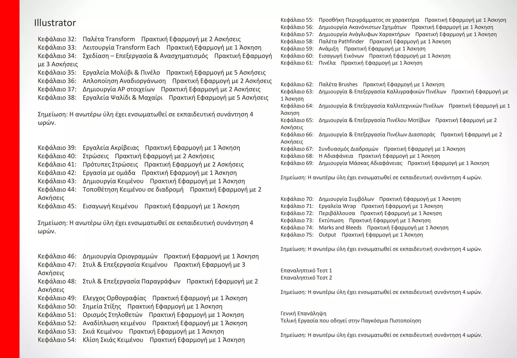 Illustrator
Κεφάλαιο 32: Παλέτα Transform Πρακτική Εφαρμογή με 2 Ασκήσεις
Κεφάλαιο 33: Λειτουργία Transform Each Πρακτική Εφαρμογή με 1 Άσκηση
Κεφάλαιο 34: Σχεδίαση – Επεξεργασία & Ανασχηματισμός Πρακτική Εφαρμογή
με 3 Ασκήσεις
Κεφάλαιο 35: Εργαλεία Μολύβι & Πινέλο Πρακτική Εφαρμογή με 5 Ασκήσεις
Κεφάλαιο 36: Απλοποίηση Αναδιοργάνωση Πρακτική Εφαρμογή με 2 Ασκήσεις
Κεφάλαιο 37: Δημιουργία AP στοιχείων Πρακτική Εφαρμογή με 2 Ασκήσεις
Κεφάλαιο 38: Εργαλεία Ψαλίδι & Μαχαίρι Πρακτική Εφαρμογή με 5 Ασκήσεις
Σημείωση: Η ανωτέρω ύλη έχει ενσωματωθεί σε εκπαιδευτική συνάντηση 4
ωρών.
Κεφάλαιο 39: Εργαλεία Ακρίβειας Πρακτική Εφαρμογή με 1 Άσκηση
Κεφάλαιο 40: Στρώσεις Πρακτική Εφαρμογή με 2 Ασκήσεις
Κεφάλαιο 41: Πρότυπες Στρώσεις Πρακτική Εφαρμογή με 2 Ασκήσεις
Κεφάλαιο 42: Εργασία με ομάδα Πρακτική Εφαρμογή με 1 Άσκηση
Κεφάλαιο 43: Δημιουργία Κειμένου Πρακτική Εφαρμογή με 1 Άσκηση
Κεφάλαιο 44: Τοποθέτηση Κειμένου σε διαδρομή Πρακτική Εφαρμογή με 2
Ασκήσεις
Κεφάλαιο 45: Εισαγωγή Κειμένου Πρακτική Εφαρμογή με 1 Άσκηση
Σημείωση: Η ανωτέρω ύλη έχει ενσωματωθεί σε εκπαιδευτική συνάντηση 4
ωρών.
Κεφάλαιο 46: Δημιουργία Οριογραμμών Πρακτική Εφαρμογή με 1 Άσκηση
Κεφάλαιο 47: Στυλ & Επεξεργασία Κειμένου Πρακτική Εφαρμογή με 3
Ασκήσεις
Κεφάλαιο 48: Στυλ & Επεξεργασία Παραγράφων Πρακτική Εφαρμογή με 2
Ασκήσεις
Κεφάλαιο 49: Ελεγχος Ορθογραφίας Πρακτική Εφαρμογή με 1 Άσκηση
Κεφάλαιο 50: Σημεία Στίξης Πρακτική Εφαρμογή με 1 Άσκηση
Κεφάλαιο 51: Ορισμός Στηλοθετών Πρακτική Εφαρμογή με 1 Άσκηση
Κεφάλαιο 52: Αναδίπλωση κειμένου Πρακτική Εφαρμογή με 1 Άσκηση
Κεφάλαιο 53: Σκιά Κειμένου Πρακτική Εφαρμογή με 1 Άσκηση
Κεφάλαιο 54: Κλίση Σκιάς Κειμένου Πρακτική Εφαρμογή με 1 Άσκηση
Κεφάλαιο 55: Προσθήκη Περιγράμματος σε χαρακτήρα Πρακτική Εφαρμογή με 1 Άσκηση
Κεφάλαιο 56: Δημιουργία Ακανόνιστων Σχημάτων Πρακτική Εφαρμογή με 1 Άσκηση
Κεφάλαιο 57: Δημιουργία Ανάγλυφων Χαρακτήρων Πρακτική Εφαρμογή με 1 Άσκηση
Κεφάλαιο 58: Παλέτα Pathfinder Πρακτική Εφαρμογή με 1 Άσκηση
Κεφάλαιο 59: Ανάμιξη Πρακτική Εφαρμογή με 1 Άσκηση
Κεφάλαιο 60: Εισαγωγή Εικόνων Πρακτική Εφαρμογή με 1 Άσκηση
Κεφάλαιο 61: Πινέλα Πρακτική Εφαρμογή με 1 Άσκηση
Κεφάλαιο 62: Παλέτα Brushes Πρακτική Εφαρμογή με 1 Άσκηση
Κεφάλαιο 63: Δημιουργία & Επεξεργασία Καλλιγραφικών Πινέλων Πρακτική Εφαρμογή με
1 Άσκηση
Κεφάλαιο 64: Δημιουργία & Επεξεργασία Καλλιτεχνικών Πινέλων Πρακτική Εφαρμογή με 1
Άσκηση
Κεφάλαιο 65: Δημιουργία & Επεξεργασία Πινέλου Μοτίβων Πρακτική Εφαρμογή με 2
Ασκήσεις
Κεφάλαιο 66: Δημιουργία & Επεξεργασία Πινέλων Διασποράς Πρακτική Εφαρμογή με 2
Ασκήσεις
Κεφάλαιο 67: Συνδυασμός Διαδρομών Πρακτική Εφαρμογή με 1 Άσκηση
Κεφάλαιο 68: Η Αδιαφάνεια Πρακτική Εφαρμογή με 1 Άσκηση
Κεφάλαιο 69: Δημιουργία Μάσκας Αδιαφάνειας Πρακτική Εφαρμογή με 1 Άσκηση
Σημείωση: Η ανωτέρω ύλη έχει ενσωματωθεί σε εκπαιδευτική συνάντηση 4 ωρών.
Κεφάλαιο 70: Δημιουργία Συμβόλων Πρακτική Εφαρμογή με 1 Άσκηση
Κεφάλαιο 71: Εργαλεία Wrap Πρακτική Εφαρμογή με 1 Άσκηση
Κεφάλαιο 72: Περιβάλλουσα Πρακτική Εφαρμογή με 1 Άσκηση
Κεφάλαιο 73: Εκτύπωση Πρακτική Εφαρμογή με 1 Άσκηση
Κεφάλαιο 74: Marks and Bleeds Πρακτική Εφαρμογή με 1 Άσκηση
Κεφάλαιο 75: Output Πρακτική Εφαρμογή με 1 Άσκηση
Σημείωση: Η ανωτέρω ύλη έχει ενσωματωθεί σε εκπαιδευτική συνάντηση 4 ωρών.
Επαναληπτικό Τεστ 1
Επαναληπτικό Τεστ 2
Σημείωση: Η ανωτέρω ύλη έχει ενσωματωθεί σε εκπαιδευτική συνάντηση 4 ωρών.
Γενική Επανάληψη
Τελική Εργασία που οδηγεί στην Παγκόσμια Πιστοποίηση
Σημείωση: Η ανωτέρω ύλη έχει ενσωματωθεί σε εκπαιδευτική συνάντηση 4 ωρών.
 